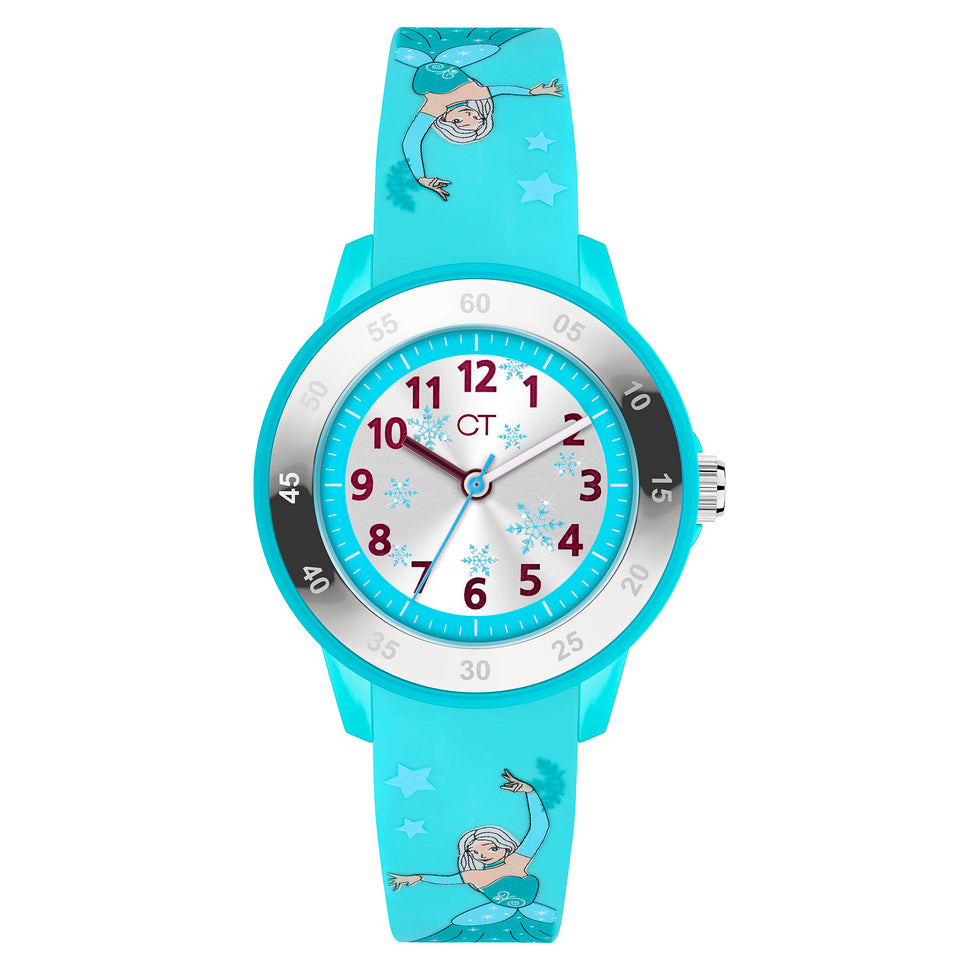 Cool Time Kids Armbanduhr mit silbernen Zifferblatt mit Schneflockenmotiven, blauem Kunststoffgehäuse mit blauem Topring und blauem Silikonband mit Eis-Prinzessin-Motiv; Produktbild