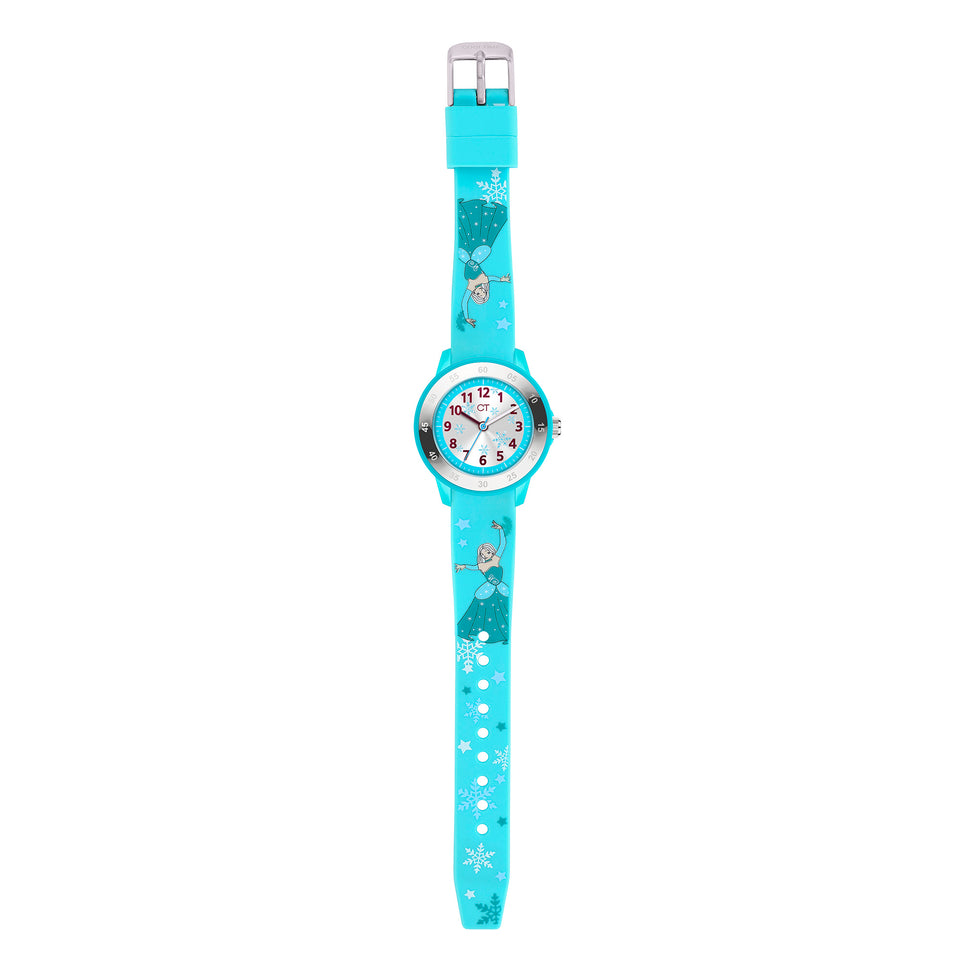 Cool Time Kids Armbanduhr mit silbernen Zifferblatt mit Schneflockenmotiven, blauem Kunststoffgehäuse mit blauem Topring und blauem Silikonband mit Eis-Prinzessin-Motiv; Zusatzbild