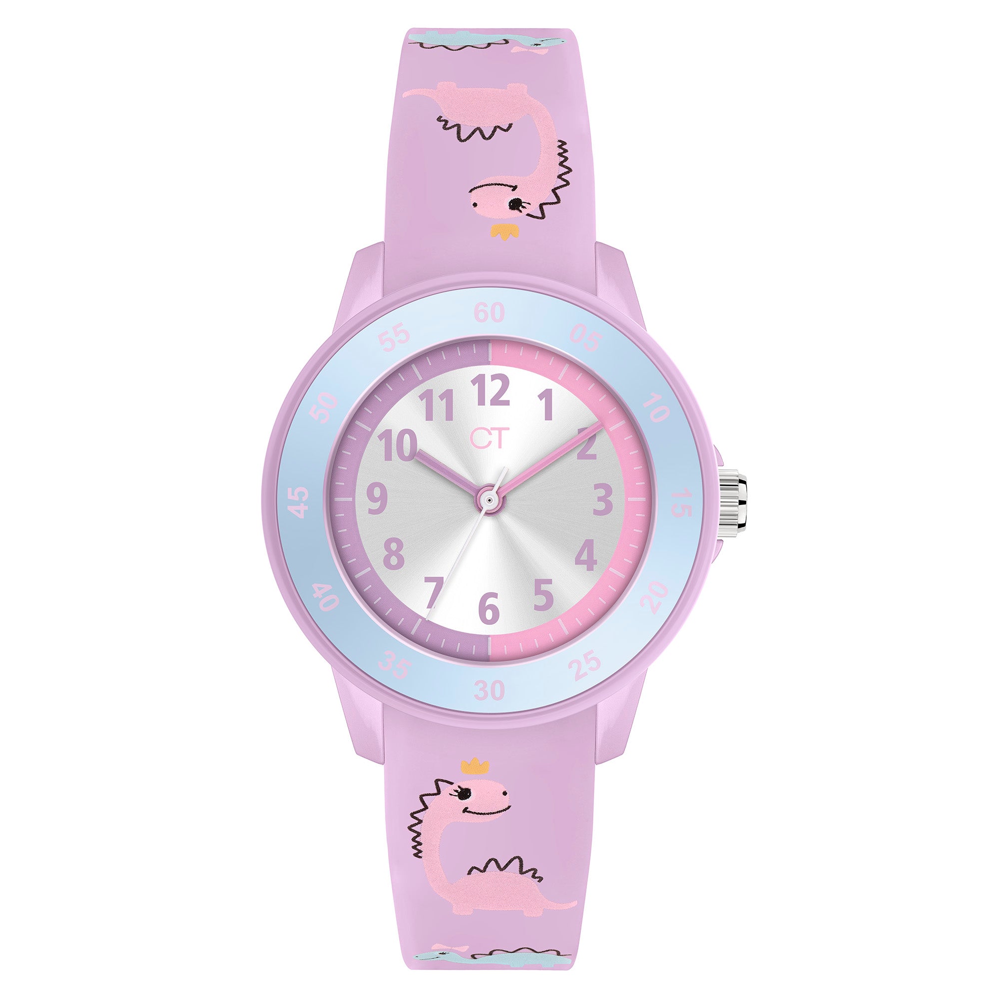 Cool Time Kids Armbanduhr mit silbernem Zifferblatt, rosa Indizes, rosa Kunststoffgehäuse mit blauem Topring und rosa Silikonband mit Dino-Motiv; Produktbild