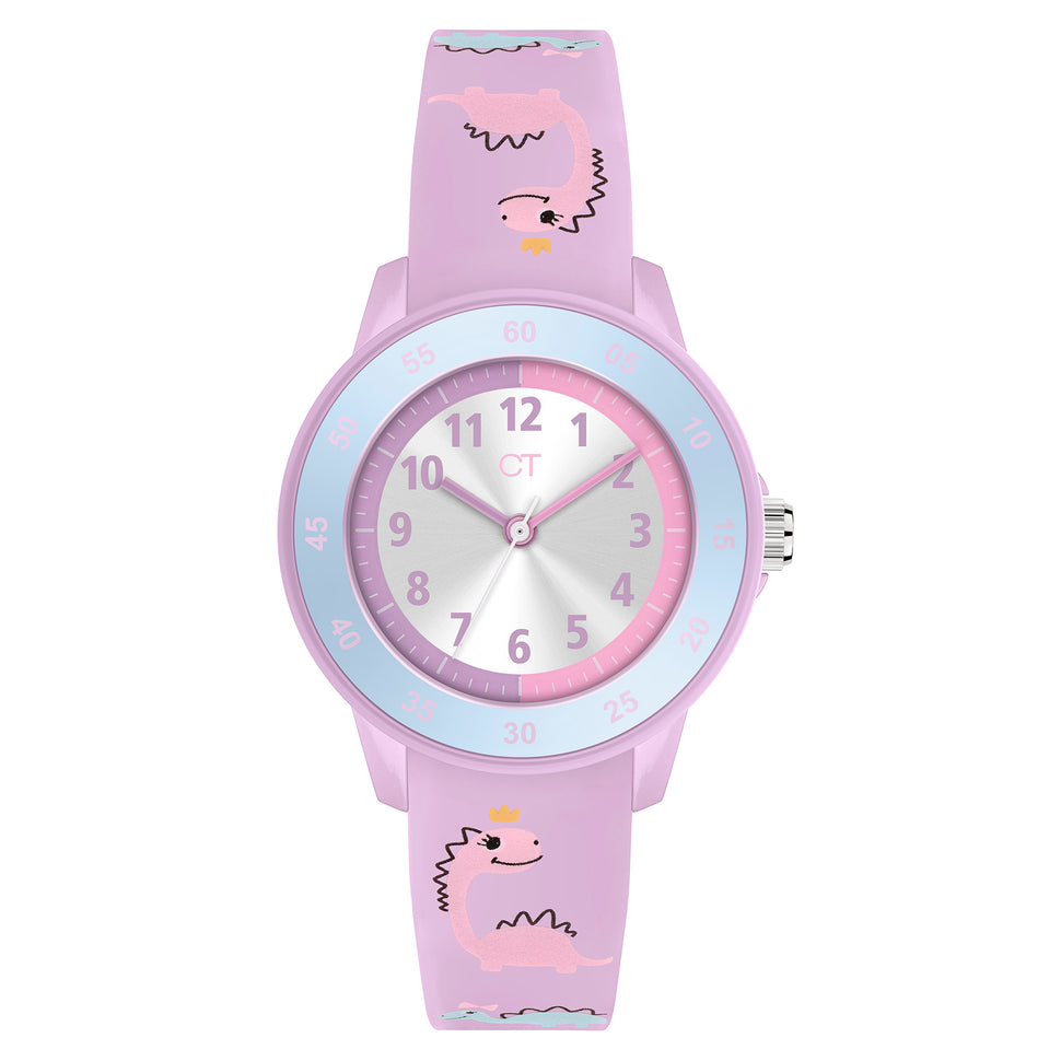 Cool Time Kids Armbanduhr mit silbernem Zifferblatt, rosa Indizes, rosa Kunststoffgehäuse mit blauem Topring und rosa Silikonband mit Dino-Motiv; Produktbild