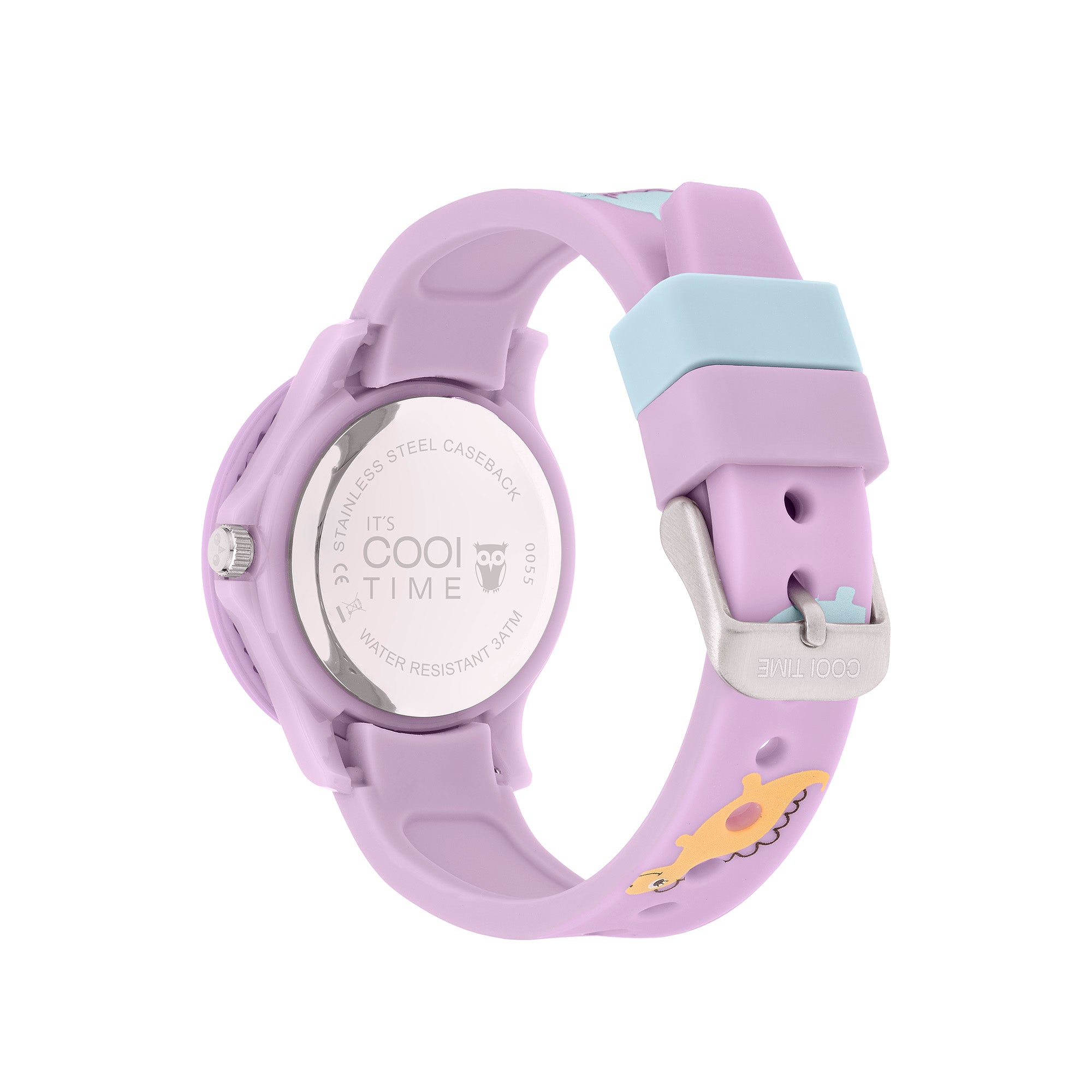 Cool Time Kids Armbanduhr mit silbernem Zifferblatt, rosa Indizes, rosa Kunststoffgehäuse mit blauem Topring und rosa Silikonband mit Dino-Motiv; Rückansicht