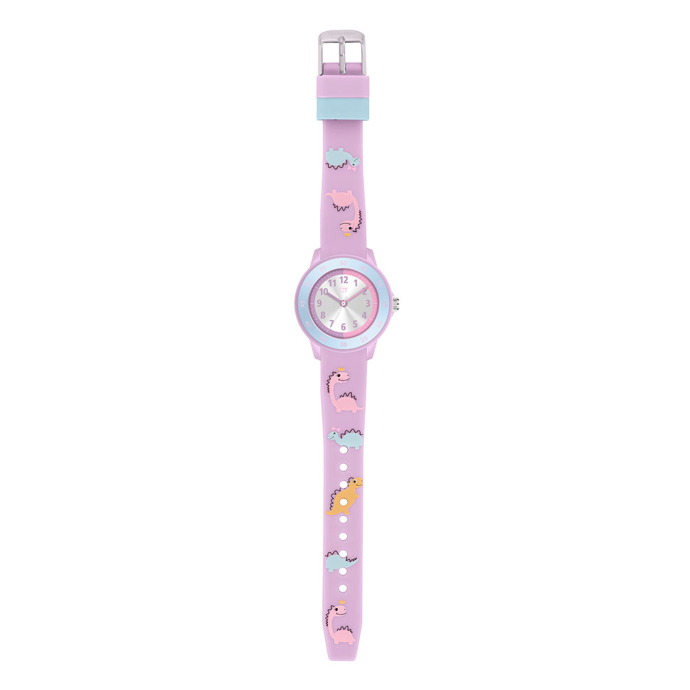 Cool Time Kids Armbanduhr mit silbernem Zifferblatt, rosa Indizes, rosa Kunststoffgehäuse mit blauem Topring und rosa Silikonband mit Dino-Motiv; Zusatzbild