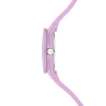 Seitenansicht der Cool Time Kids Armbanduhr - The Cool Pink Dino von Cool Time, mit einem runden Gesicht, einer einzelnen Krone auf der rechten Seite und einem verspielten Dinosauriermotiv.