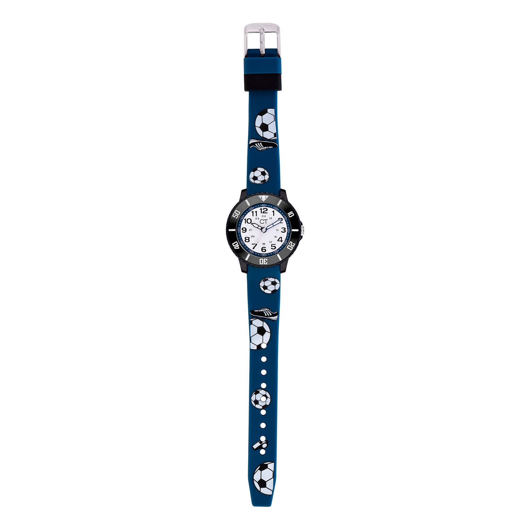 Cool Time Kids Armbanduhr mit schwarzem Kunststoffgehäuse mit drehbarem Topring und blauem Silikonarmband mit Fußball-Motiven; Zusatzbild