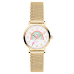 Die Cool Time Kids Armbanduhr - The Cool Golden Rainbow von Cool Time verfügt über ein goldenes Netzarmband, ein weißes Zifferblatt, ein Regenbogendesign und goldene Ziffern - perfekt für eine stilvolle Kinderuhr.