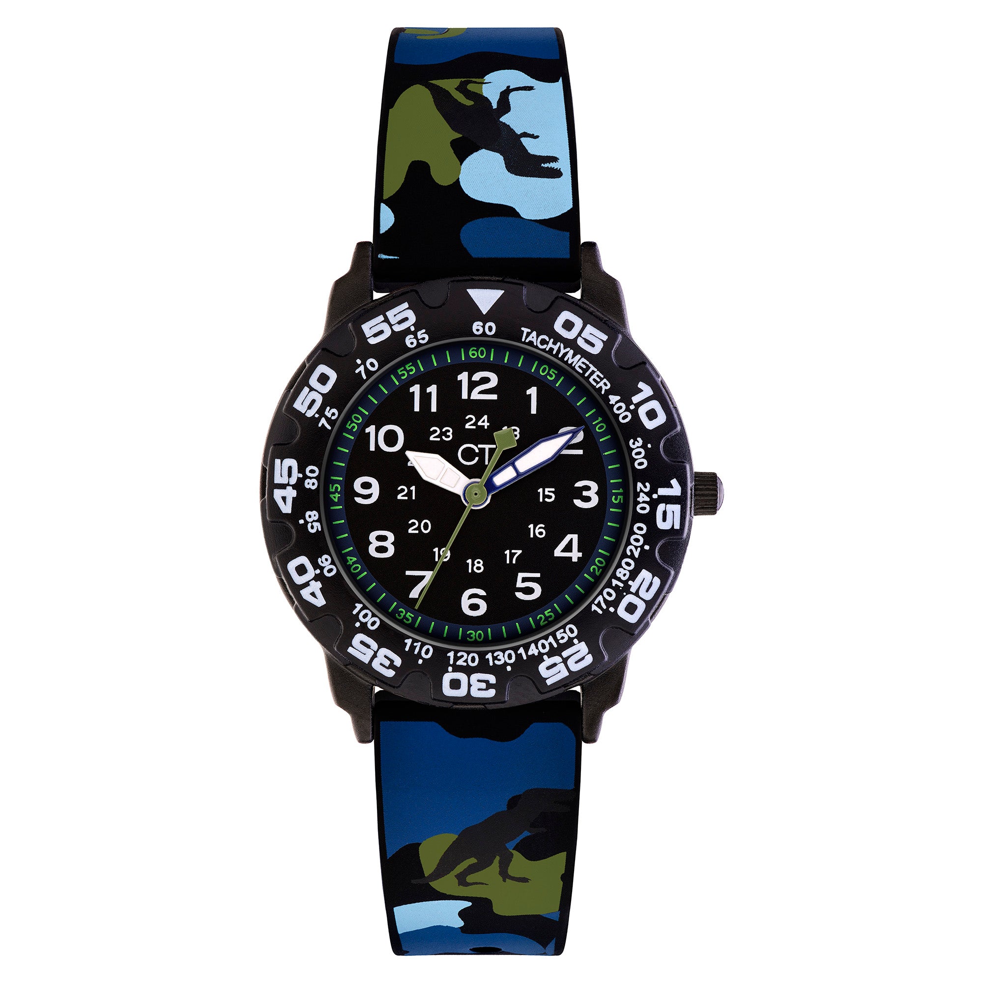 Cool Time Kids Armbanduhr mit schwarzem Zifferblatt, schwarzem Kunststoffgehäuse mit drehbarem Topring und schwarzem Silikonband mit grün-blauem Camouflage-Muster und Dino-Motiven; Produktbild