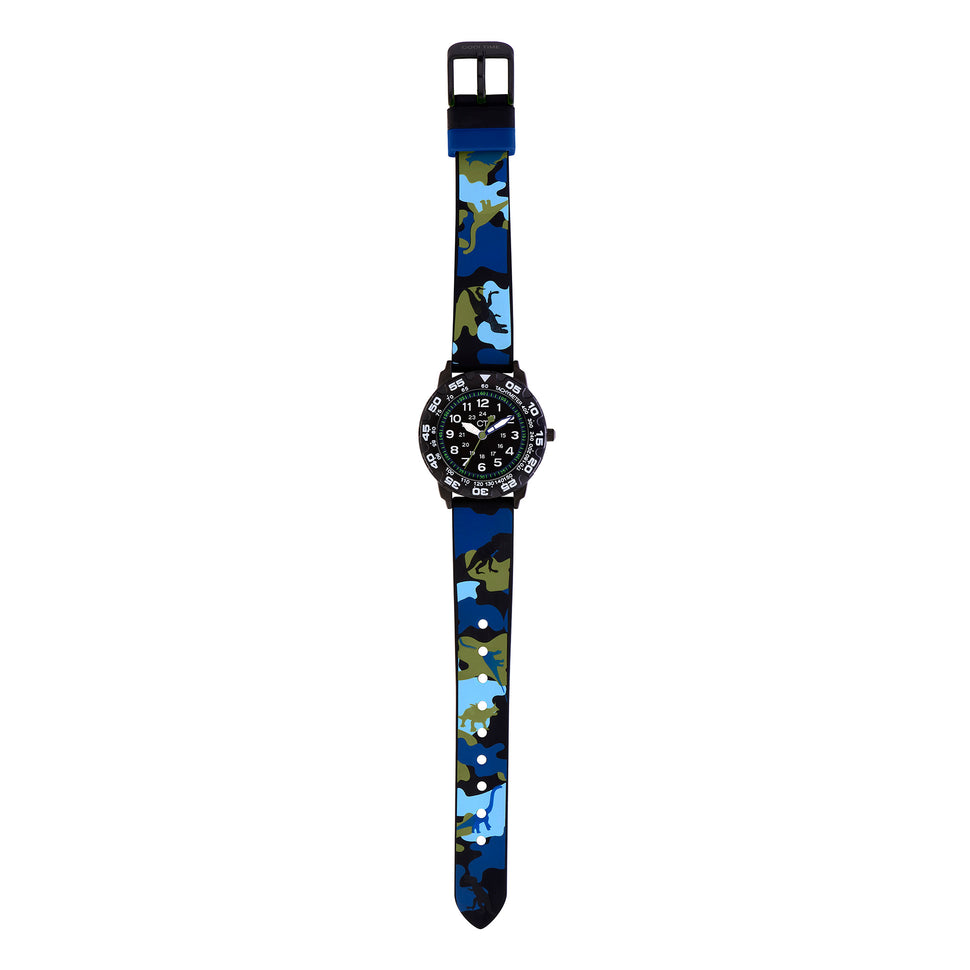 Cool Time Kids Armbanduhr mit schwarzem Zifferblatt, schwarzem Kunststoffgehäuse mit drehbarem Topring und schwarzem Silikonband mit grün-blauem Camouflage-Muster und Dino-Motiven; Zusatzbild