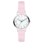 Cool Time Kids Armbanduhr - Die Cool Pink Pastel Butterfly von Cool Time bietet ein pastellrosa Design mit Schmetterlingsmustern und bunten Zahlen auf einer weißen Fläche.