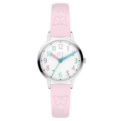 Cool Time Kids Armbanduhr - Die Cool Pink Pastel Butterfly von Cool Time bietet ein pastellrosa Design mit Schmetterlingsmustern und bunten Zahlen auf einer weißen Fläche.