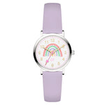 Die Cool Time Kids Armbanduhr - The Cool Lilac Rainbow von Cool Time hat ein lilafarbenes Armband und ein Regenbogendesign auf dem weißen Zifferblatt mit goldenen Zahlen und Zeigern, was sie zur perfekten farbenfrohen Regenbogenuhr für Kinder macht.