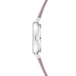 Seitenansicht der Cool Time Kids Armbanduhr - The Cool Lilac Rainbow von Cool Time, mit einem runden silbernen Gehäuse und einem hellvioletten Lederband.