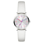 Die Cool Time Kids Armbanduhr - The Cool Sparkling Stars von Cool Time hat ein silbernes Gehäuse, ein Metallarmband, rosafarbene Zahlen, Sternmotive und ein funkelndes weißes Zifferblatt.