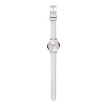 Die Cool Time Kids Armbanduhr - The Cool Sparkling Stars von Cool Time hat ein silbernes Kunstlederarmband, ein weiß-rosa glitzerndes Zifferblatt, silberne Stundenmarkierungen und eine silberne Schließe.