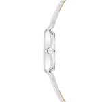 Seitenansicht der Cool Time Kids Armbanduhr - The Cool Sparkling Stars von Cool Time, mit funkelndem Zifferblatt, silbernem, rundem Gehäuse und silbernem Kunstlederarmband.