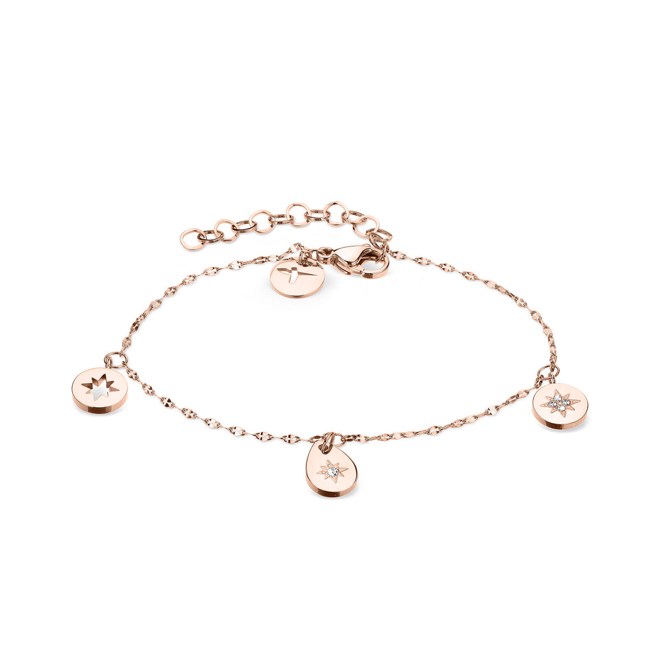 Tamaris Armband bestehend aus einer filigranen, roségoldenen Kette und drei kleinen Charms mit verschiedenen Sternmotiven und Glitzersteinverzierungen; Produktbild