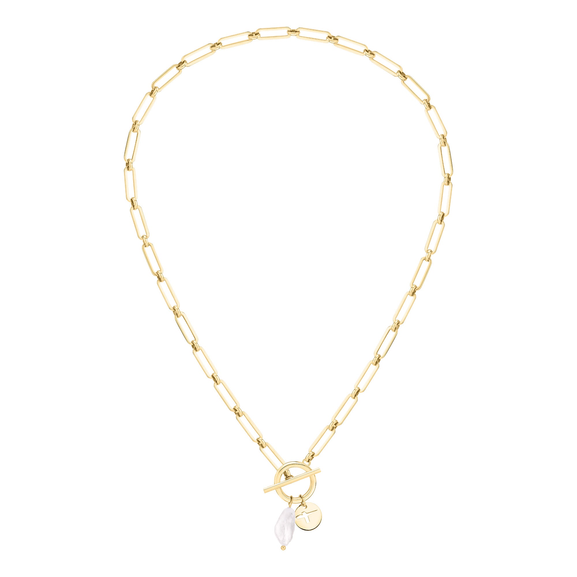 Tamaris Halskette bestehend aus einer goldenen Gliederkette mit Logo-Charm, Freshwater Pearl und T-Bar-Verschluss; Produktbild