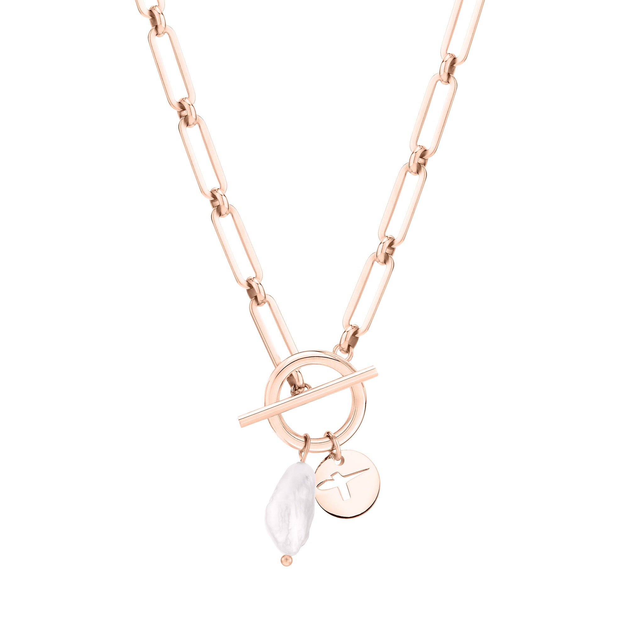 Tamaris Halskette bestehend aus einer roségoldenen Gliederkette mit Logo-Charm, Freshwater Pearl und T-Bar-Verschluss; Produktbild