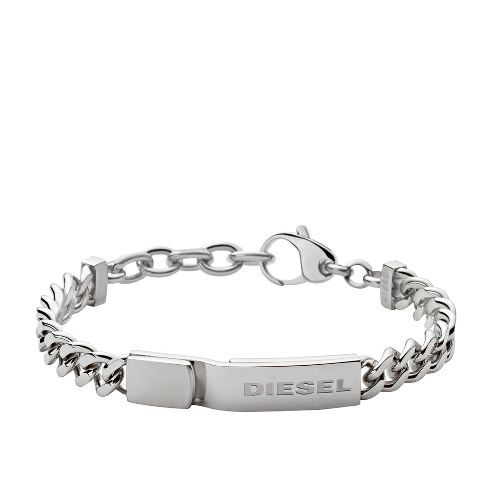 Diesel Armband bestehend aus einer silbernen Gliederkette und einer silbernen Metallplatte mit Logo-Schriftzug; Produktbild