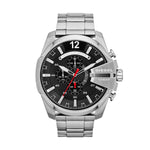 Diesel Armbanduhr mit schwarzem Zifferblatt mit silbernen Indizes, silbernem Gehäuse und silbernem Edelstahlband; Produktbild 