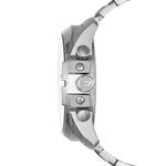 Diesel Armbanduhr mit schwarzem Zifferblatt mit silbernen Indizes, silbernem Gehäuse und silbernem Edelstahlband; Seitenansicht 