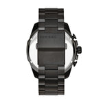 Diesel Armbanduhr mit farbverlaufendem Zifferblatt in Rot und Blau, Chronographenwerk, schwarzem Gehäuse und schwarzem Edelstahlband; Rückansicht