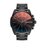 Diesel Armbanduhr mit farbverlaufendem Zifferblatt in Rot und Blau, Chronographenwerk, schwarzem Gehäuse und schwarzem Edelstahlband; Produktbild