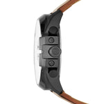 Diesel Armbanduhr mit schwarzem Zifferblatt mit silber-goldenen Indizes, Chronographenwerk, schwarzem Edelstahlband und braunem Lederband; Seitenansicht