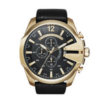 Diesel Armbanduhr mit schwarzem Zifferblatt mit gold-weißen Indizes, Chronographenwerk, goldenem Gehäuse und schwarzem Lederband; Produktbild
