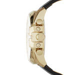 Diesel Armbanduhr mit schwarzem Zifferblatt mit gold-weißen Indizes, Chronographenwerk, goldenem Gehäuse und schwarzem Lederband; Seitenansicht