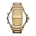 Diesel Armbanduhr mit schwarzem Zifferblatt mit mehreren Chronographen und Zeitzonenanzeigen, goldenem Gehäuse und goldenem Edelstahlband; Rückansicht