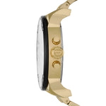Diesel Armbanduhr mit schwarzem Zifferblatt mit mehreren Chronographen und Zeitzonenanzeigen, goldenem Gehäuse und goldenem Edelstahlband; Seitenansicht