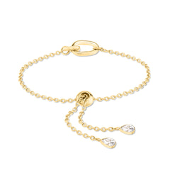 Echtzeit Armband - Wie Diamanten: Goldkettenarmband von Echtzeit mit Verschluss und zwei baumelnden Enden, die jeweils mit einem tropfenförmigen Kristall verziert sind.