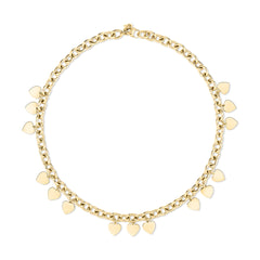 Die Echtzeit Halskette - Endless Love von Echtzeit besteht aus einer goldenen Gliederkette, die mit kleinen, gleichmäßig verteilten herzförmigen Anhängern verziert ist und einen zeitlos romantischen Look bietet.