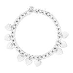 Das Echtzeit Armband - Endless Love von Echtzeit ist ein silbernes Gliederarmband mit acht gleichmäßig verteilten Herzanhängern, präsentiert auf weißem Hintergrund.
