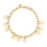 Das Echtzeit Armband - Endless Love von Echtzeit zeigt acht gleichmäßig verteilte Herzanhänger an einer goldenen Gliederkette und wird auf weißem Hintergrund präsentiert.