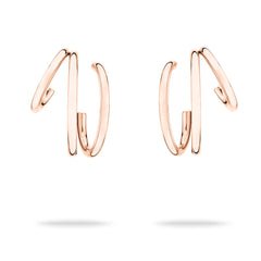 Die Echtzeit Creole - Modern Lines von Echtzeit sind roségoldene Ohrringe im 3-in-1-Design mit offenen, modernen Doppelringen, die auf weißem Hintergrund abgebildet sind.