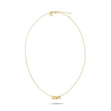 Die Echtzeit Halskette - Love Letters von Echtzeit ist eine elegante goldene Halskette mit zartem LOVE-Anhänger, stilvoll präsentiert auf weißem Hintergrund.