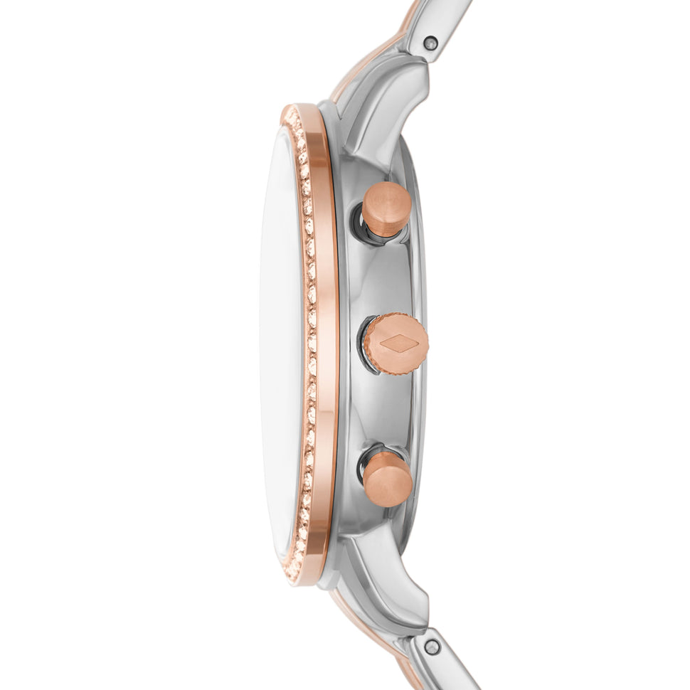 Fossil Armbanduhr mit silbernem Zifferblatt mit roségoldenen Indizes, Chronographenwerk, silbernem Gehäuse mit steinbesetztem, roségoldenem Topring und silber-roségoldenem Edelstahlband; Seitenansicht