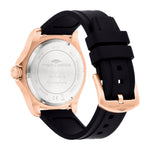Die Fynch-Hatton Armbanduhr - The Elegant Silicone verfügt über ein Gehäuse aus Roségold, ein schwarzes Silikonarmband und eine gravierte Rückseite mit der Aufschrift "to live is to explore".
