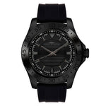 Die Fynch-Hatton Armbanduhr - The All Black Silicone verfügt über ein schwarzes Silikonarmband, eine schwarze Lünette und ein strukturiertes schwarzes Zifferblatt mit weißen Markierungen.