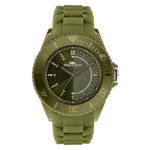 Fynch-Hatton Armbanduhr - The Green Silicone: Olivgrüne Armbanduhr mit strukturiertem Zifferblatt, weißen Markierungen und sportlichem Silikonarmband, von vorne gesehen. Marke: Fynch-Hatton.