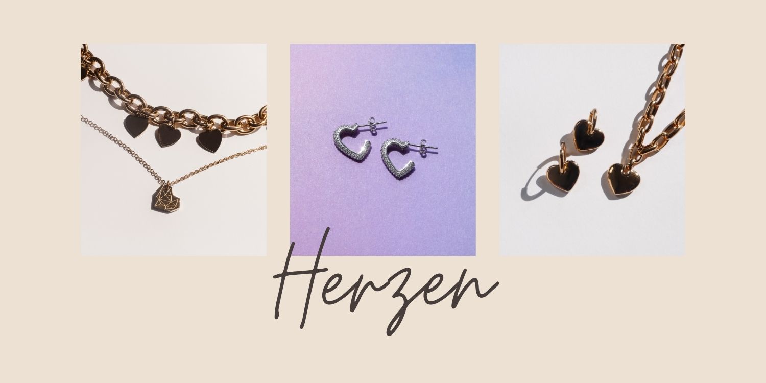 Schmuckstücke in Herzform – Halsketten, Armbänder und Ohrringe in Gold und Silber.
