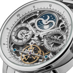 Ingersoll Armbanduhr mit skelettiertem silbernem Zifferblatt, silbernem Gehäuse und silbernem Edelstahlband Nahaufnahme
