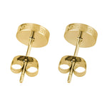 LIEBESKIND BERLIN Ohrstecker - Der ikonische Geometrische: Ein Paar runder goldener Edelstahl-Ohrstecker mit Schmetterlingsrücken von Liebeskind Berlin vor weißem Hintergrund - eine zeitlose Ergänzung für jede Schmucksammlung.