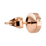 LIEBESKIND BERLIN Ohrstecker - Keep Loving von Liebeskind Berlin aus roségoldfarbenem Edelstahl mit Gravur, seitlich auf weißem Hintergrund präsentiert - ein stylisches Ear Candy-Highlight für jedes Outfit.