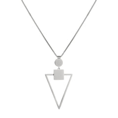 Die LIEBESKIND BERLIN Halskette - The Geometric von Liebeskind Berlin überzeugt im 70ies Look mit poliertem Edelstahl und Kreis-, Quadrat- sowie großem offenem Dreieck-Anhänger an einer filigranen Kette.