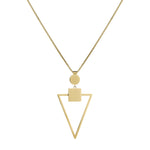 The LIEBESKIND BERLIN Halskette – The Geometric is a long gold necklace with a smooth, minimalist design featuring a polished stainless steel chain and pendant with circle, square, and open triangle shapes for a subtle 70s look.
