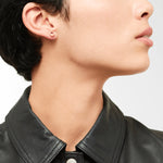 Person mit schwarzer Lederjacke und The Geometric Ohrstecker in Pink von Liebeskind Berlin, vom Hals aufwärts im Profil dargestellt.