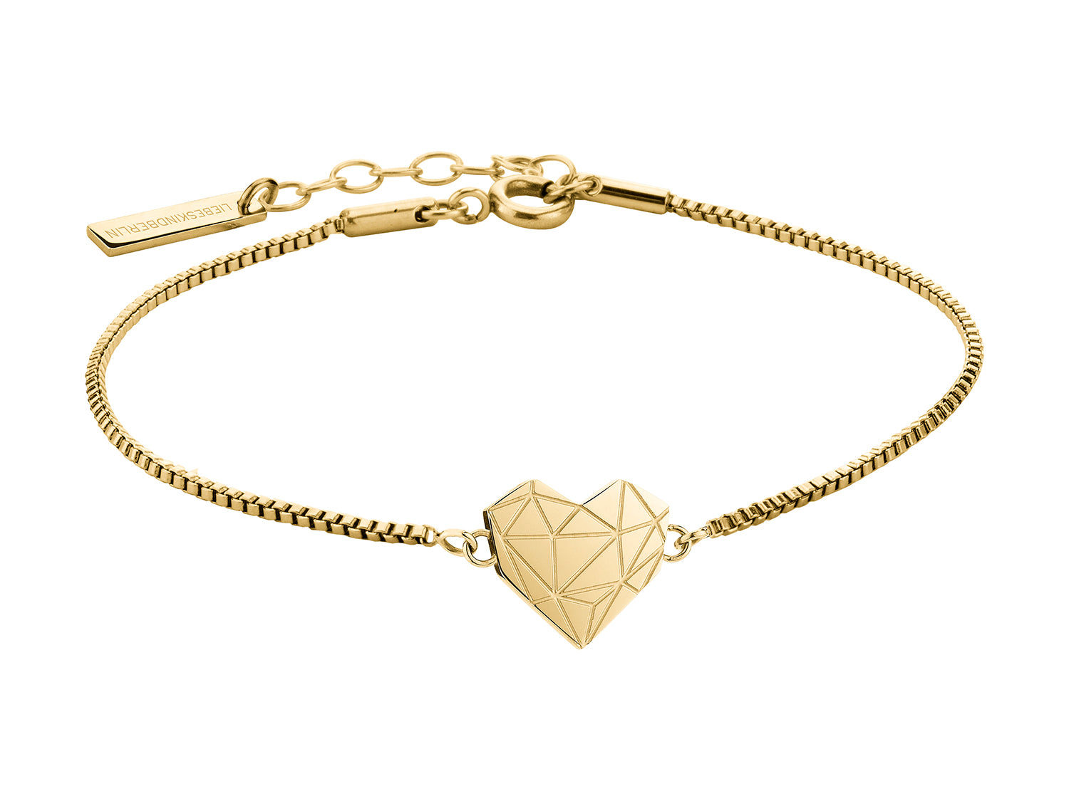 Das LIEBESKIND BERLIN Set - Gold Broken Heart von Liebeskind Berlin ist ein goldenes Armband mit geometrischem Broken-Heart-Anhänger und verstellbarem Verschluss, stilvoll auf weißem Hintergrund präsentiert.
