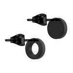 Der LIEBESKIND BERLIN Ohrstecker - The Geometric von Liebeskind Berlin besteht aus schwarzem Edelstahl mit einem massiven und einem offenen Kreis, wodurch ein moderner geometrischer Look entsteht, der auf einem weißen Hintergrund dargestellt wird.